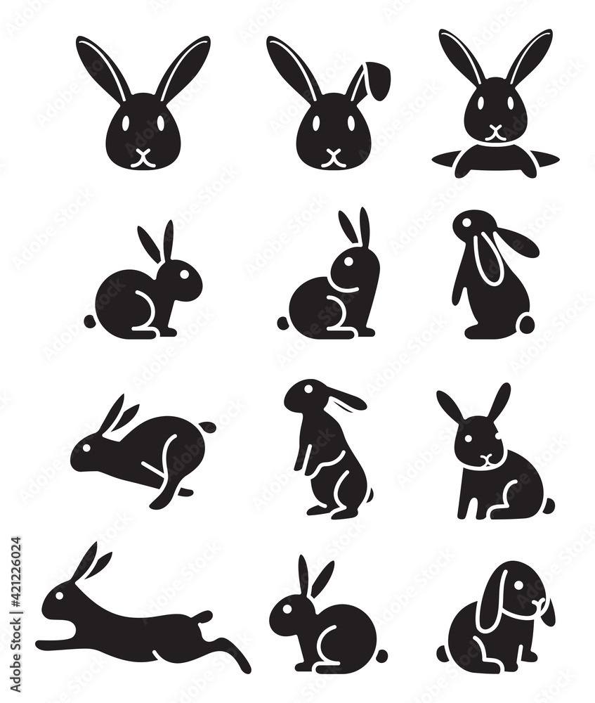 Set of rabbit bunny icons. Vector illustrations.