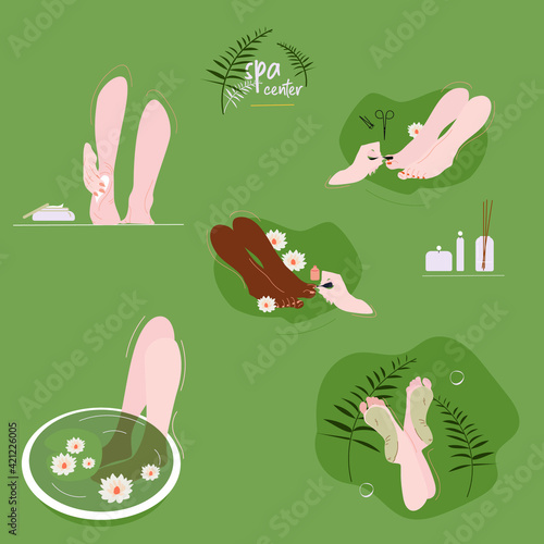 Feet care set of vector illustrations. Spa center service vector illustrations. Beauty salon visitors characters. Wellness center procedures and equipment pack. Manicure and pedicure services.