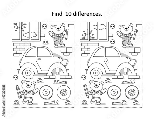 Find the ten differences picture puzzle and coloring page with bear mechanics repairing the car
