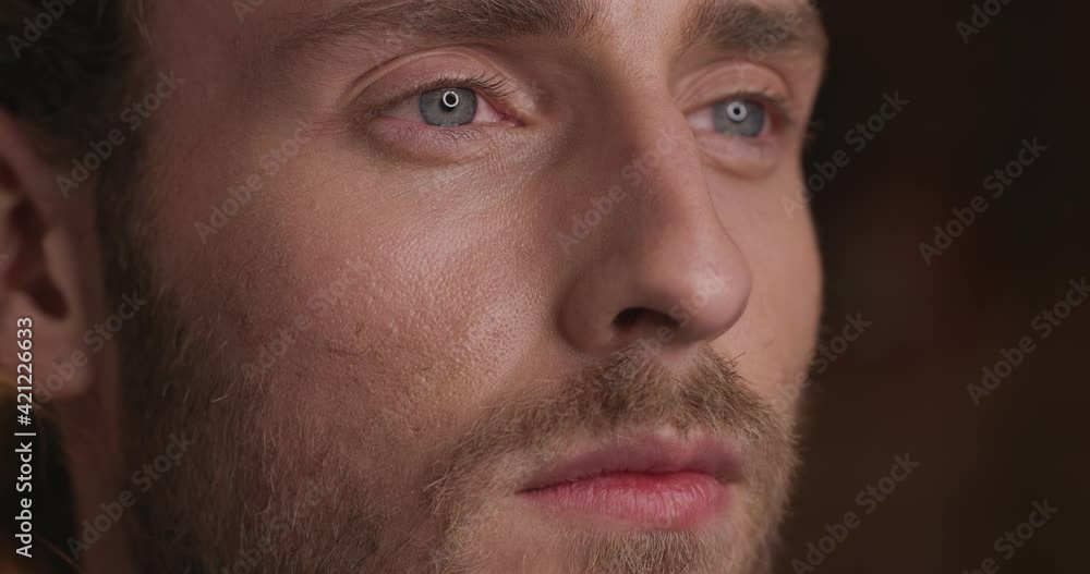 Caucasian Bearded Adult Serious Man looking Ahead with Blue, Grey Eyes. Confident Face of Handsome Model Male. Healthy Skin. Healthcare. People. Caucasian Bearded Adult Serious Man looking Ahead with Blue, Grey Eyes. Confident Face of Handsome Model Male. Healthy Skin. Healthcare. People.