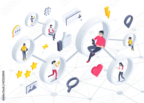 isometric vector illustration isolated on white background, people with gadgets and smartphones in social network, like and hearts icons, online communication on the internet