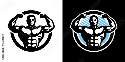 Posing athlete. Bodybuilding and fitness logo, on a light and dark background. Vector illustration.