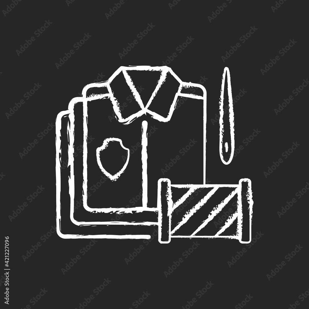 Fototapeta premium Bulk orders chalk white icon on black background. Professional garment production. Material and fabric supply. Clothing alteration and repair services. Isolated vector chalkboard illustration