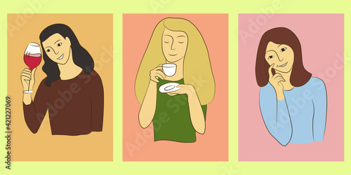 A Set of three different women: dronking vine, coffe and 
thinking. Flat vector illustration.