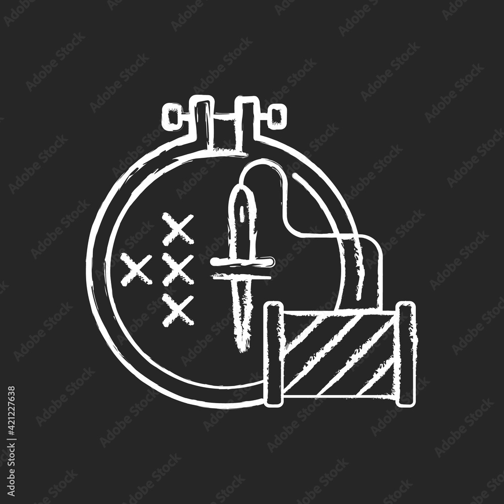 Embroidery chalk white icon on black background. Cross stitching. Needle with thread, spool. Hobby and craftsmanship. Clothing alteration and repair services. Isolated vector chalkboard illustration Embroidery chalk white icon on black background. Cross stitching. Needle with thread, spool. Hobby and craftsmanship. Clothing alteration and repair services. Isolated vector chalkboard illustration