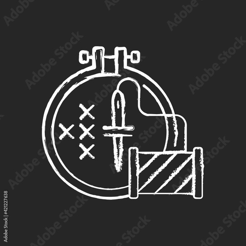 Embroidery chalk white icon on black background. Cross stitching. Needle with thread  spool. Hobby and craftsmanship. Clothing alteration and repair services. Isolated vector chalkboard illustration