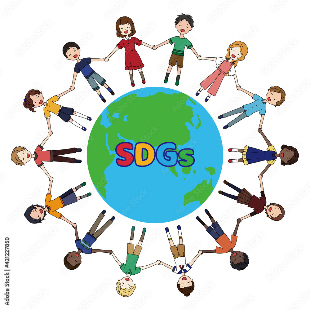 地球とその周りで手を繋ぐ色んな人種の子供たちのsdgsイメージのイラスト Stock Vector Adobe Stock