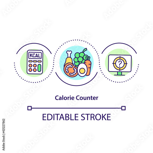 Calorie counter concept icon. Calculating carbohydrates and cholesterol. Intermittent fasting idea thin line illustration. Vector isolated outline RGB color drawing. Editable stroke