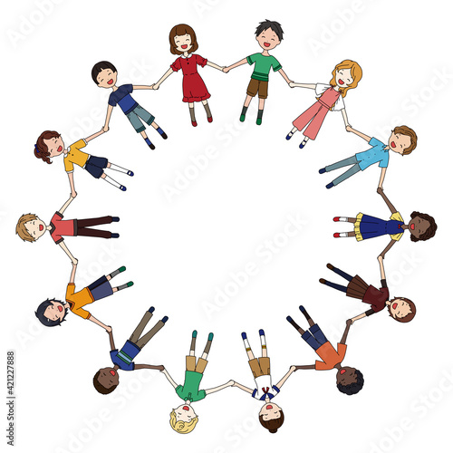 手を繋いで輪になる色んな人種の子供たちのSDGsイメージのイラスト