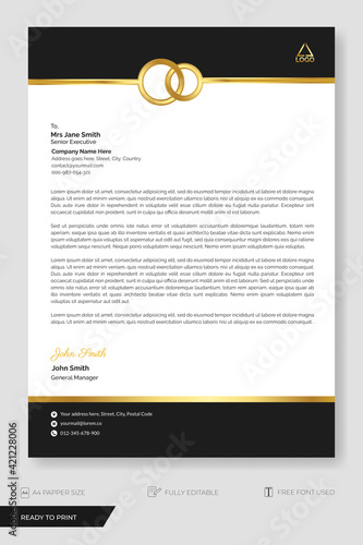 Letterhead template business. Business letterhead template, modern with black and gold shapes. Ready to Print.