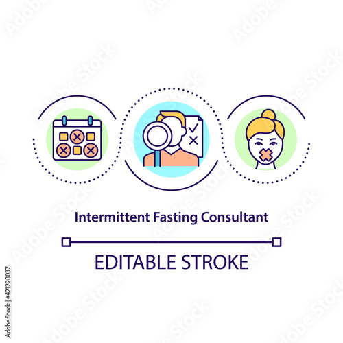 Intermittent fasting consultant concept icon. Dietitian expertise. Professional nutritionist. Dietary plan help idea thin line illustration. Vector isolated outline RGB color drawing. Editable stroke