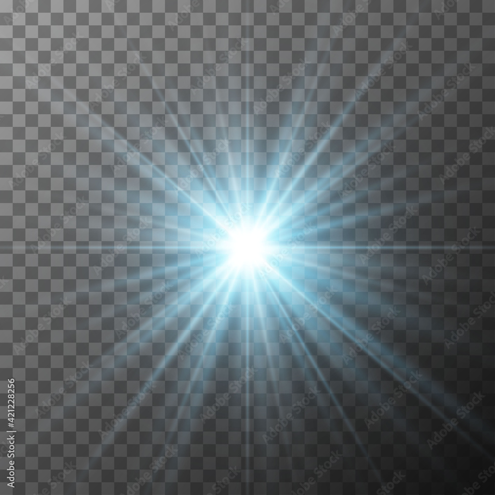 Realistic blue starburst lighting isolated on transparent background. Glow light effect. Glowing light burst explosion. Bright star illuminated. Flare effect decoration with ray sparkles. Vector