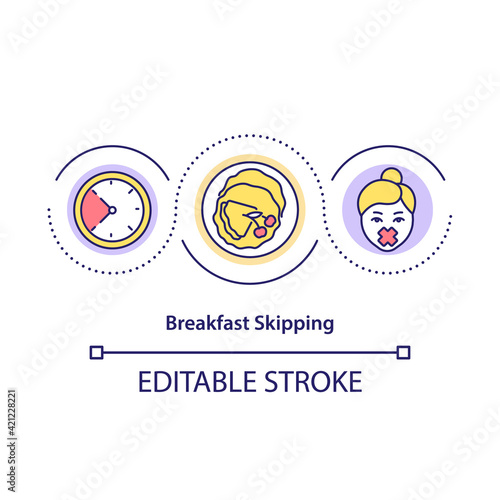 Breakfast skipping concept icon. Diet plan. Weight loss. Healthy dietary strategy. Intermittent fasting idea thin line illustration. Vector isolated outline RGB color drawing. Editable stroke