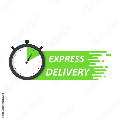 Express delivery green logo concept. Stopwatch icon for express service. Template design for service, order, fast, free and worldwide shipping. Vector illustration