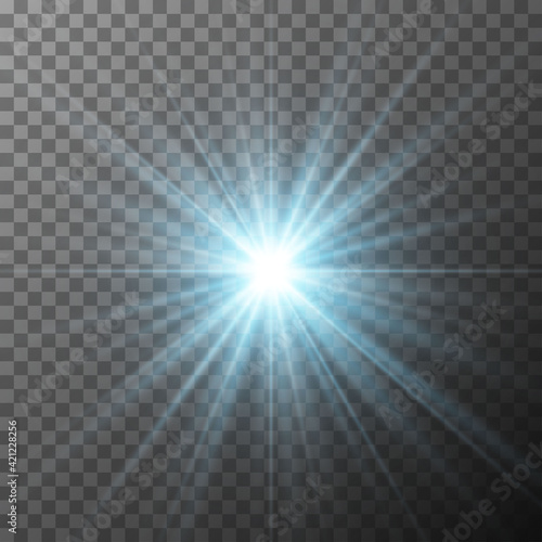 Realistic blue starburst lighting isolated on transparent background. Glow light effect. Glowing light burst explosion. Bright star illuminated. Flare effect decoration with ray sparkles. Vector