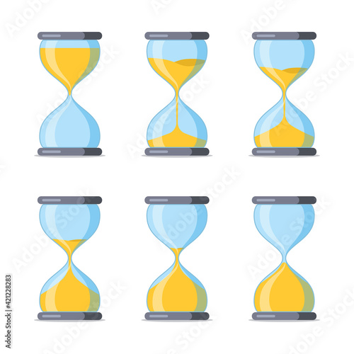 Set of hourglass. Sandglass cartoon icons with animation frames. Vintage hourglass process timer sand. Antique sand clock. Template design for app ui, score display, game element. Vector illustration