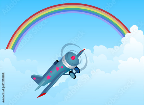 Vector illustration of a plane making aerobatics  under the rainbow, through the clouds.