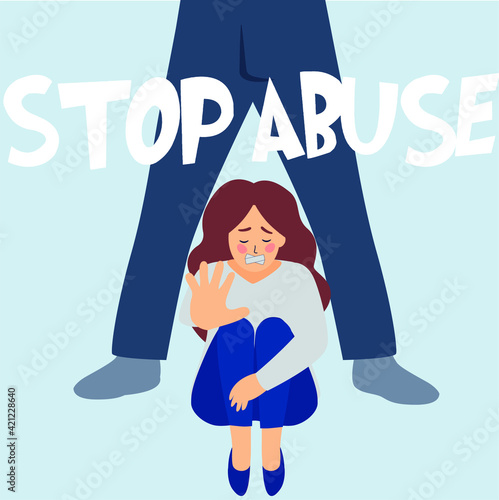 Flat abused woman character. Stop bullying banner. Depressed young female flat background. Stop domestic gender violence. Women inequality, solidarity awareness concept. Vector illustration.