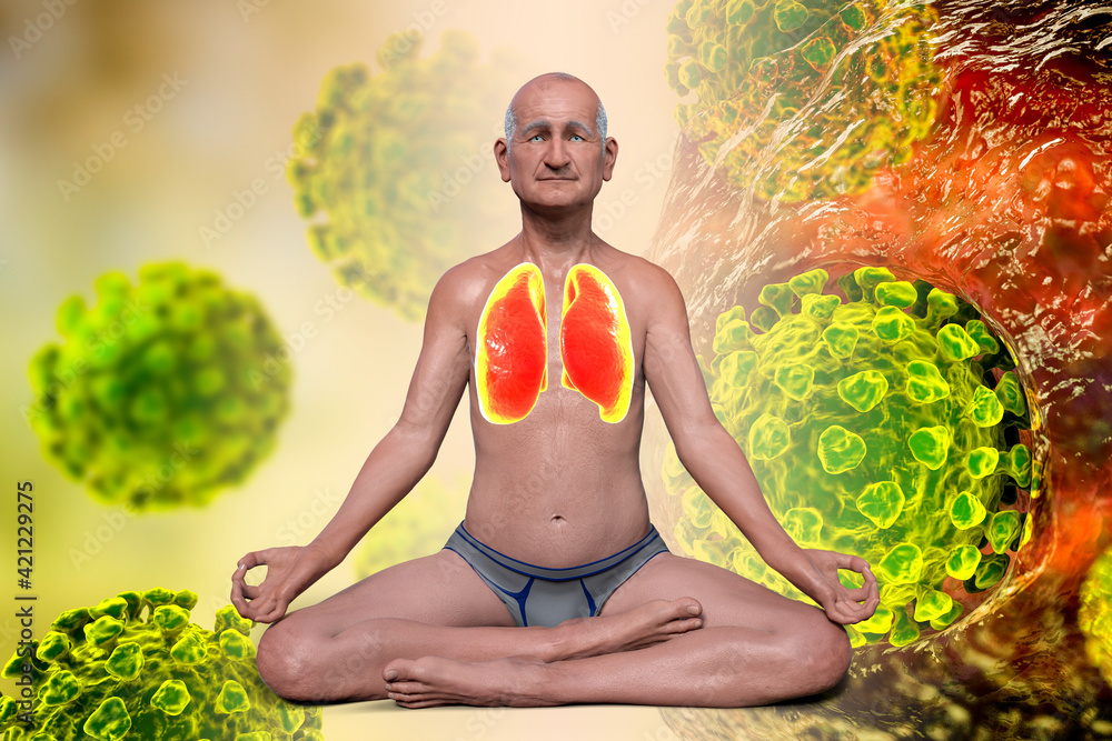 A man in Lotus yoga position with highlighted lungs, surrounded by viruses