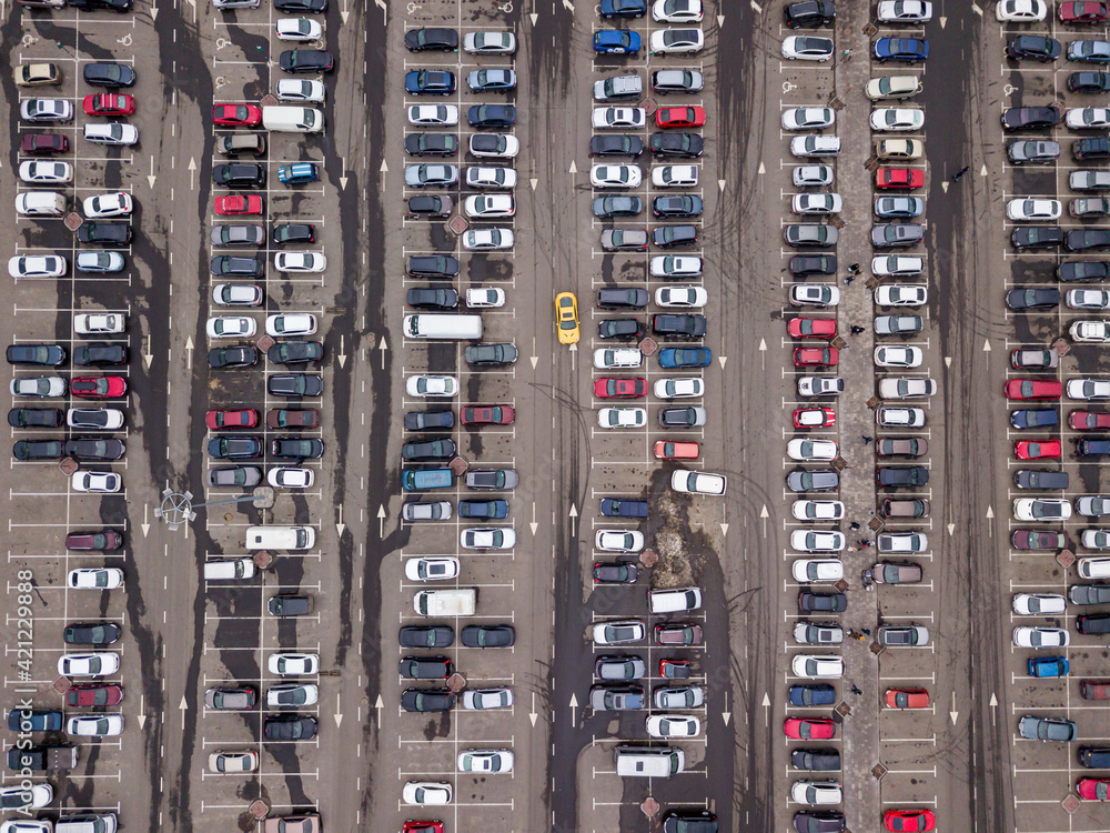 Cars in the parking lot. Aerial drone top view.