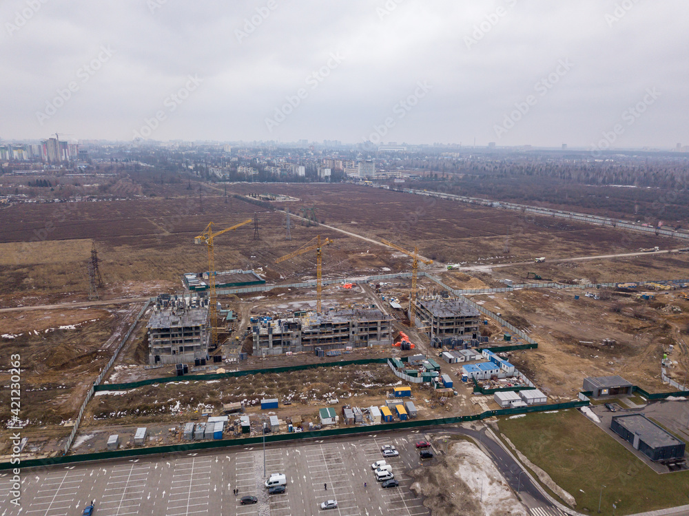Construction site of residential buildings in Kiev. Aerial drone view.