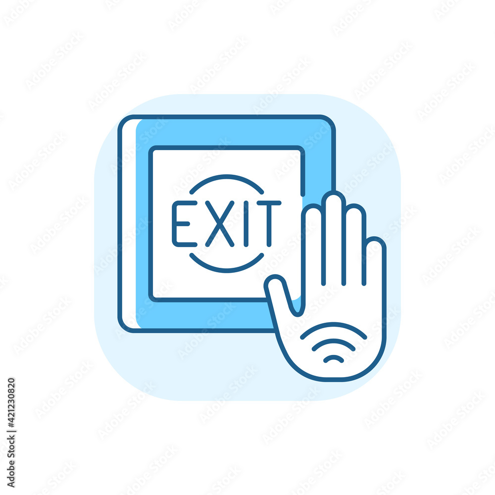 No touch exit switch blue RGB color icon. Exit button with infrared sensor which allows user to unlock door without touching button. Isolated vector illustration No touch exit switch blue RGB color icon. Exit button with infrared sensor which allows user to unlock door without touching button. Isolated vector illustration