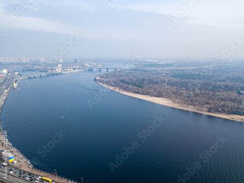 View of the Dnieper River in Kiev. Aerial drone view.