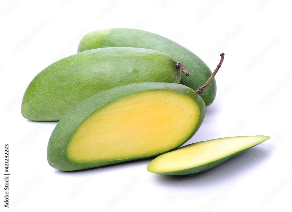fresh green mangoes on white background. fresh green mangoes on white background.