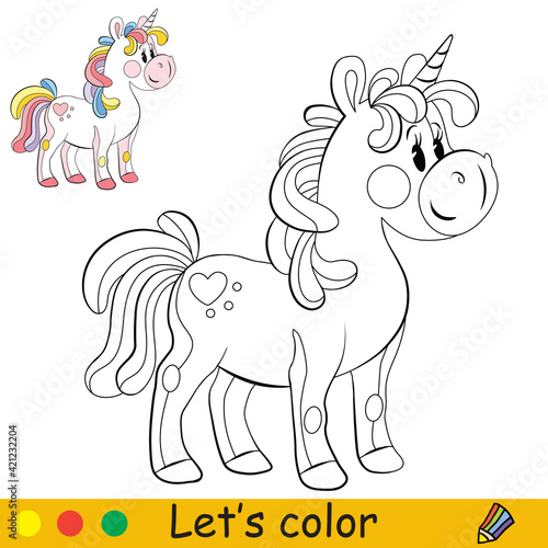 Cute toy unicorn with purple long mane coloring vector