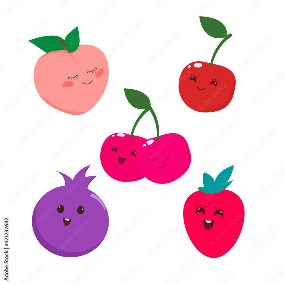 Set of funny fruit characters.Blueberries, strawberries, peaches, cherries. Emotions. Fruit emoticon. Kawaii. Vector flat illustration. Set of funny fruit characters.Blueberries, strawberries, peaches, cherries. Emotions. Fruit emoticon. Kawaii. Vector flat illustration.