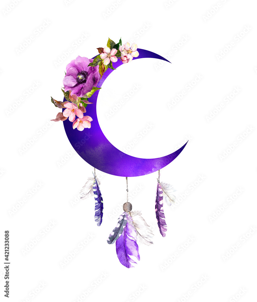 Violet crescent moon with flowers, feathers. Boho vintage design for woman  tattoo. Watercolor bohemian illustration Stock Illustration | Adobe Stock