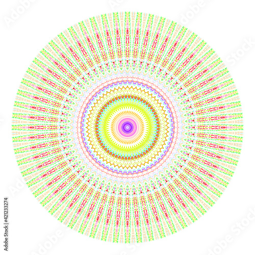 Creative multicolored points round symbol. Abstract symmetrical logo. Mosaic colorful beautiful beads. Circle dots modern pixel floral art icon. Colored pattern ornament wheel decorative illustration.