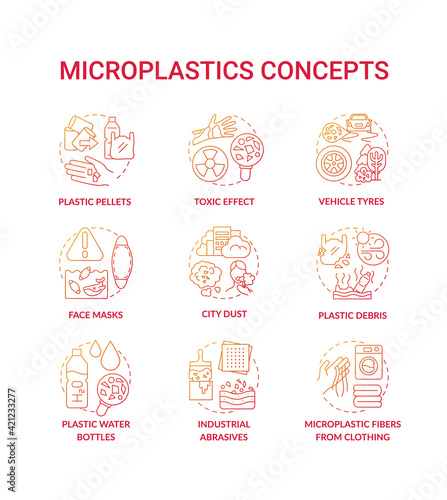 Microplastics concept icons set. Top environmental challenges idea thin line RGB color illustrations. Environmental Protection. Avoiding microplastics tips. Vector isolated outline drawings
