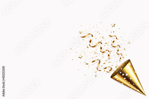 Gold party hat with stars, ribbons and confetti, isolated.