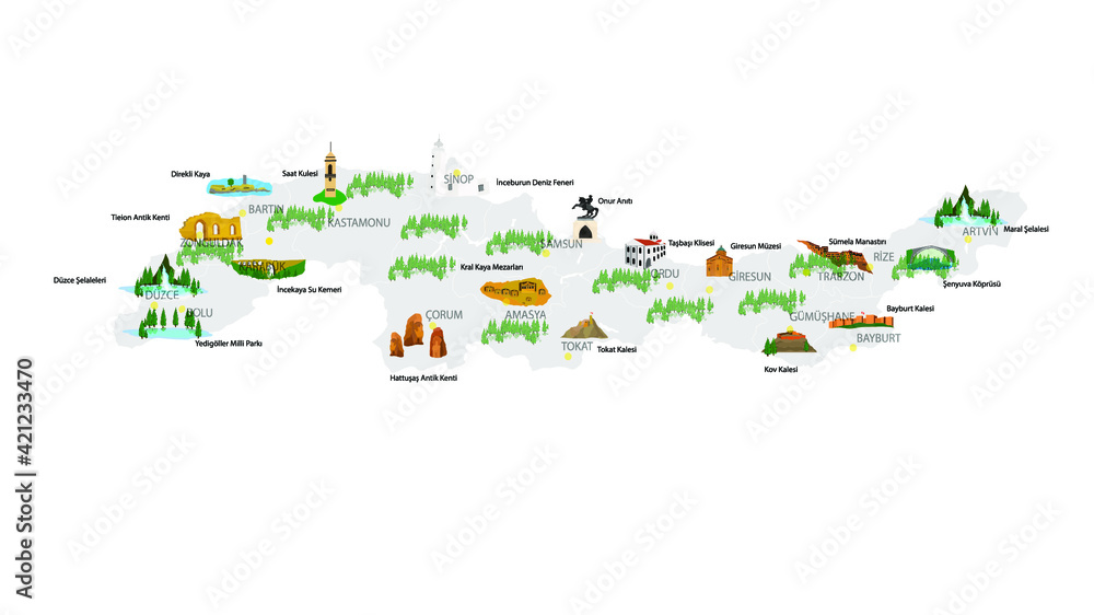 Obraz premium Turkey's historical and touristic places. Black sea region. Touristic places. Vector images. 