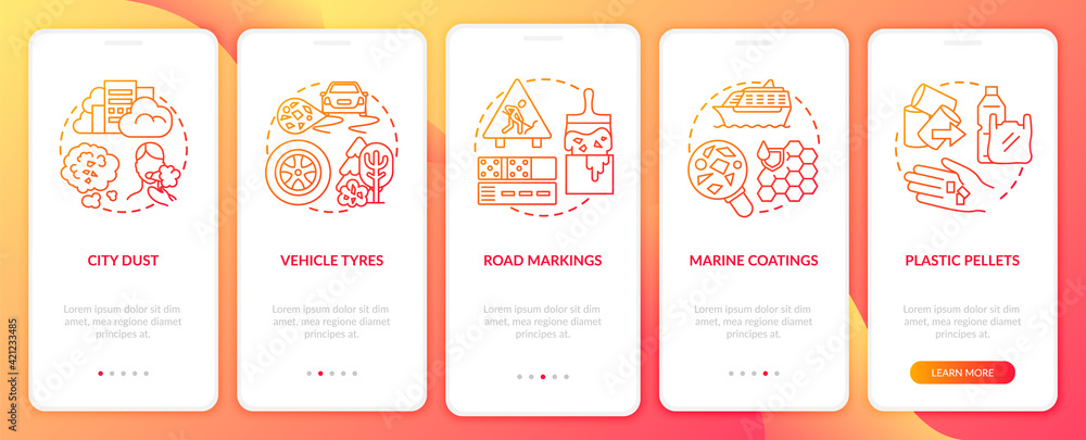 Microplastics sources onboarding mobile app page screen with concepts. Plastic pellets walkthrough 5 steps graphic instructions. Vehicle tyres. UI vector template with RGB color illustrations