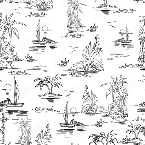 Beautiful seamless island pattern on white background. Landscape with palm trees,beach and ocean vector hand drawn style.