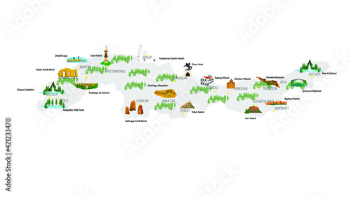 Turkey's historical and touristic places. Black sea region. Touristic places. Vector images. 