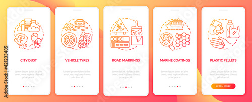 Microplastics sources onboarding mobile app page screen with concepts. Plastic pellets walkthrough 5 steps graphic instructions. Vehicle tyres. UI vector template with RGB color illustrations