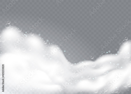 Realistic background with Soap foam. Bath laundry white bubbles, shampoo soap clean bubbling shiny washing hygiene detergent vector. Checkered transparent background