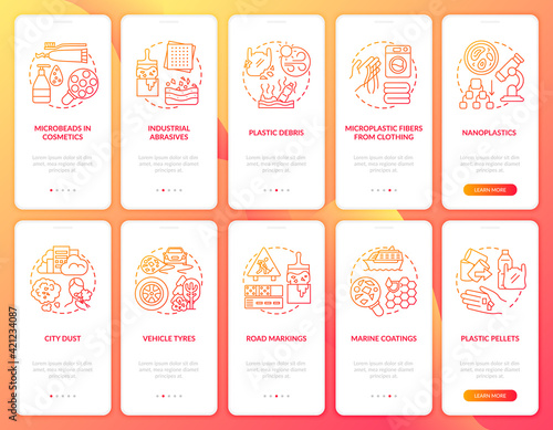 Microplastics sources onboarding mobile app page screen with concepts. Microplastic fibers from clothing walkthrough 10 steps graphic instructions. UI vector template with RGB color illustrations