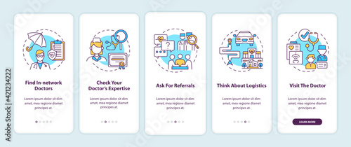 Choosing primary care doctor tips onboarding mobile app page screen with concepts. Physician walkthrough 5 steps graphic instructions. UI, UX, GUI vector template with linear color illustrations