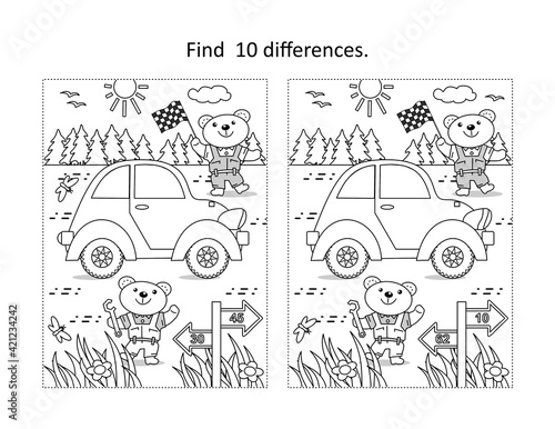 Find the ten differences picture puzzle and coloring page with bear mechanics at car race
