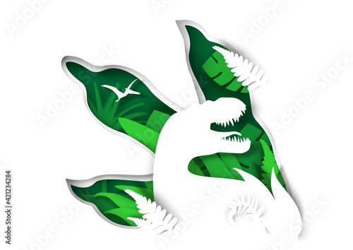 Paper cut tyrannosaurus rex dinosaur and t-rex paw, pteranodon flying reptile silhouettes, vector illustration.