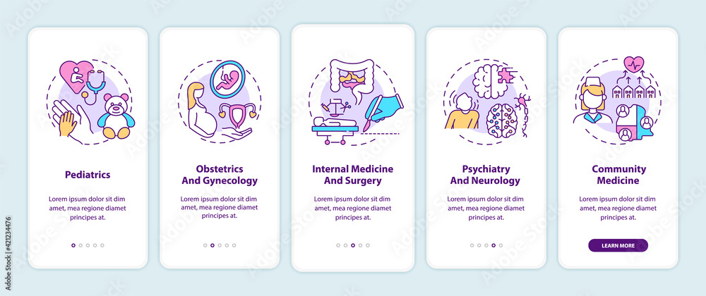 Family medicine components onboarding mobile app page screen with concepts. Professional healthcare walkthrough 5 steps graphic instructions. UI, UX, GUI vector template with linear color illustration Family medicine components onboarding mobile app page screen with concepts. Professional healthcare walkthrough 5 steps graphic instructions. UI, UX, GUI vector template with linear color illustration