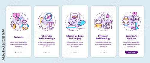 Family medicine components onboarding mobile app page screen with concepts. Professional healthcare walkthrough 5 steps graphic instructions. UI, UX, GUI vector template with linear color illustration