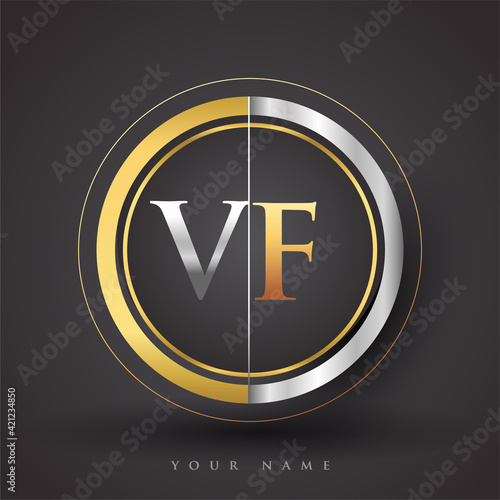 VF Letter logo in a circle, gold and silver colored. Vector design template elements for your business or company identity.