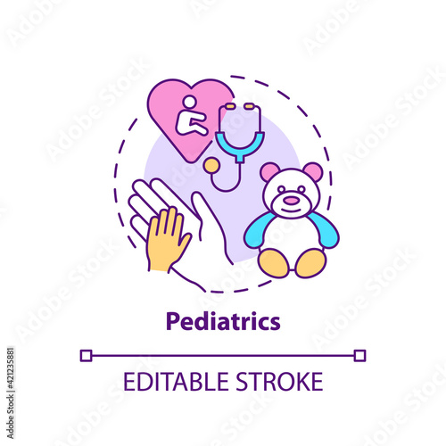 Pediatrics concept icon. Children healthcare. Professional clinical support for kids. Family doctor idea thin line illustration. Vector isolated outline RGB color drawing. Editable stroke