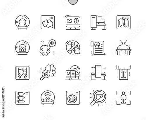 Ct scan. Computed tomograph. Neurology, diagnose, radiology, procedure and radiography. Health care, medical and medicine. Pixel Perfect Vector Thin Line Icons. Simple Minimal Pictogram