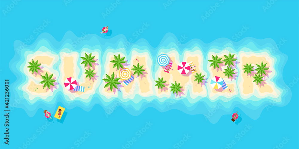 Ocean and tropical islands with palm trees, people relax on beach and swim in sea. Inscription SUMMER. Horizontal banner in cartoon style. Place for your text. Vector illustration Ocean and tropical islands with palm trees, people relax on beach and swim in sea. Inscription SUMMER. Horizontal banner in cartoon style. Place for your text. Vector illustration